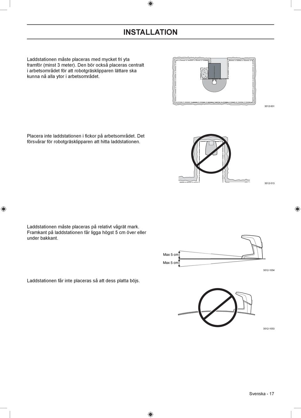 3012-931 Placera inte laddstationen i fickor på arbetsområdet. Det försvårar för robotgräsklipparen att hitta laddstationen.