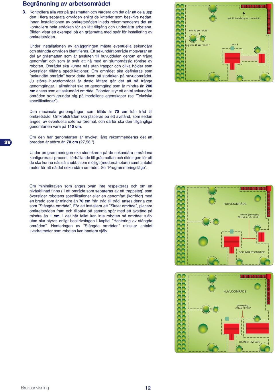 Bilden visar ett exempel på en gräsmatta med spår för installering av omkretstråden. Under installationen av anläggningen måste eventuella sekundära och stängda områden identifieras.