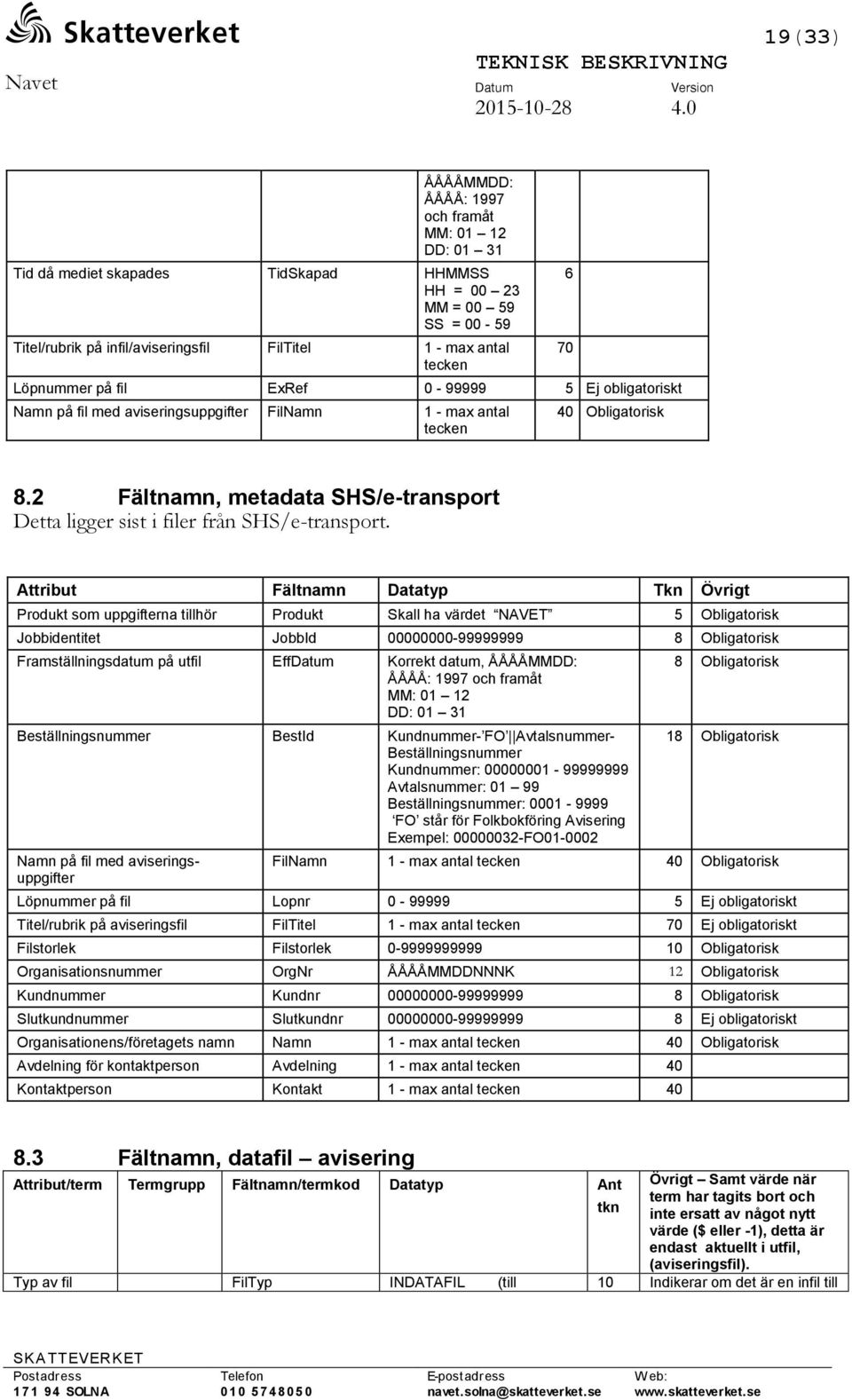 2 Fältnamn, metadata SHS/e-transport Detta ligger sist i filer från SHS/e-transport.