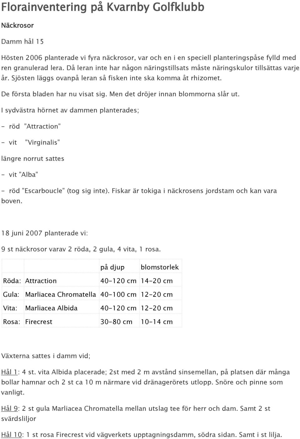 Men det dröjer innan blommorna slår ut. I sydvästra hörnet av dammen planterades; - röd "Attraction" - vit "Virginalis" längre norrut sattes - vit "Alba" - röd "Escarboucle" (tog sig inte).