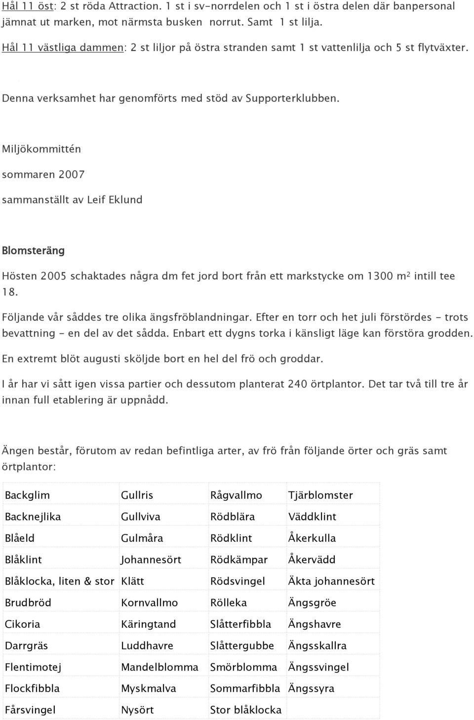 Miljökommittén sommaren 2007 sammanställt av Leif Eklund Blomsteräng Hösten 2005 schaktades några dm fet jord bort från ett markstycke om 1300 m 2 intill tee 18.