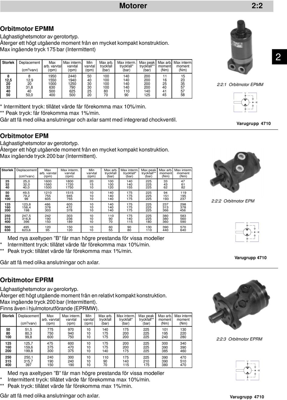 varvtal varvtal (rpm) (rpm) 1950 1550 1000 630 500 400 2440 1940 1250 790 625 500 Min varvtal (rpm) Orbitmotor EPM Låghastighetsmotor av gerotortyp.