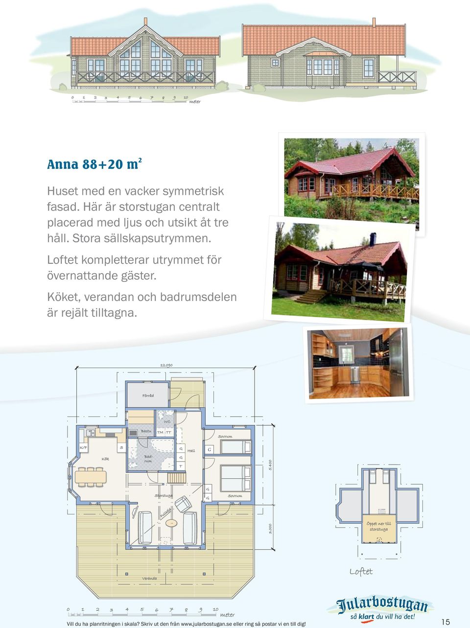 Loftet kompletterar utrymmet för övernattande gäster. Köket, verandan och badrumsdelen är rejält tilltagna. 1.