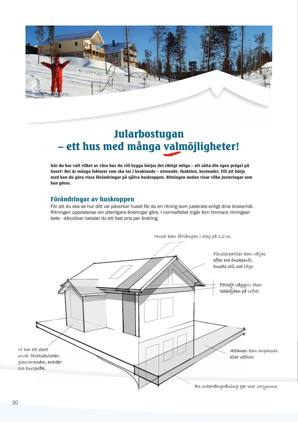 Ritningen nedan visar vilka justeringar som kan göras. Förändringar av huskroppen För att du ska se hur ditt val påverkar huset får du en ritning som justerats enligt dina önskemål.