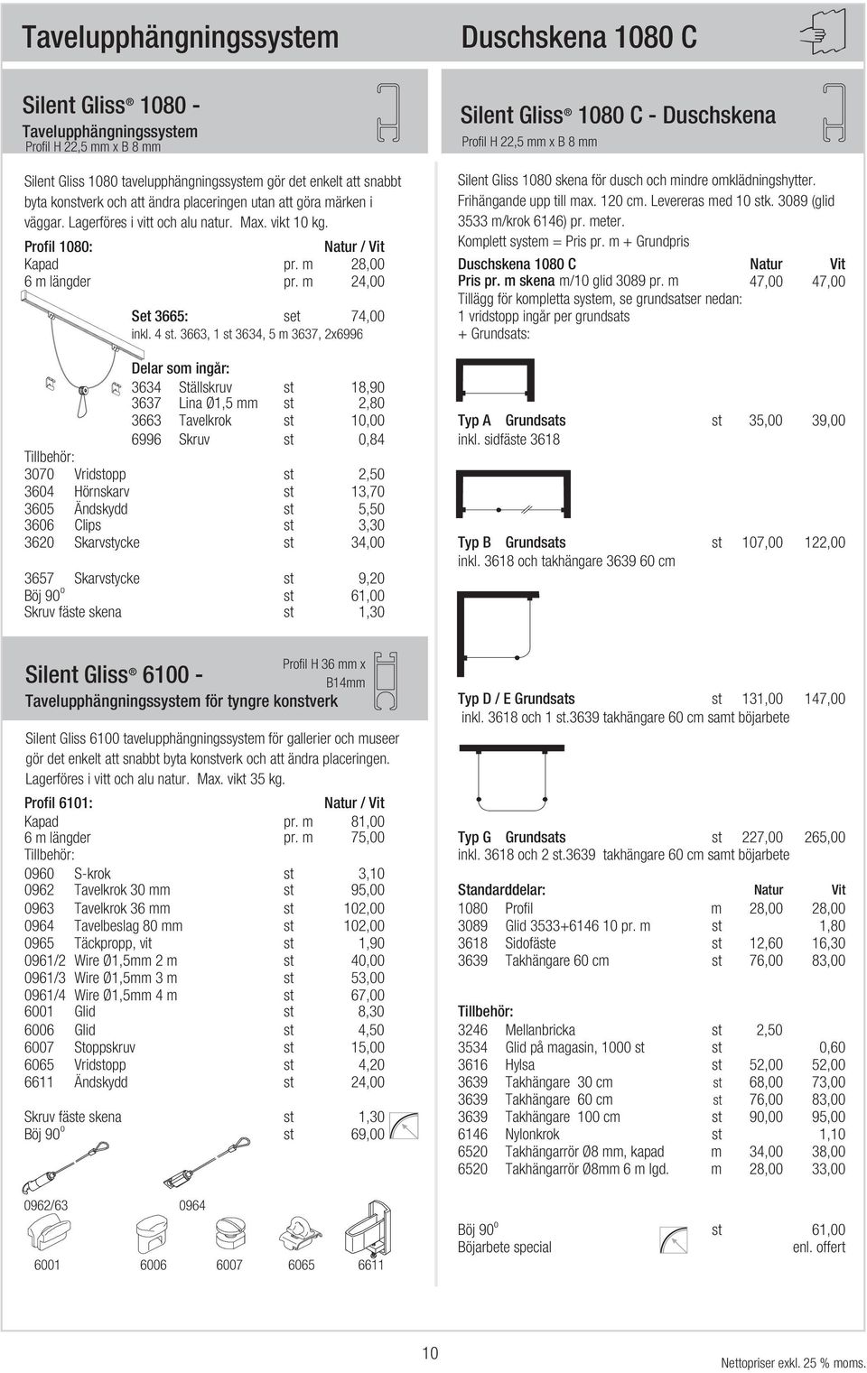 Profil 1080: Natur / Vit Kapad pr. m 28,00 Duschskena 1080 C Natur Vit 6 m längder pr. m 24,00 Pris pr. m skena m/10 glid 3089 pr.