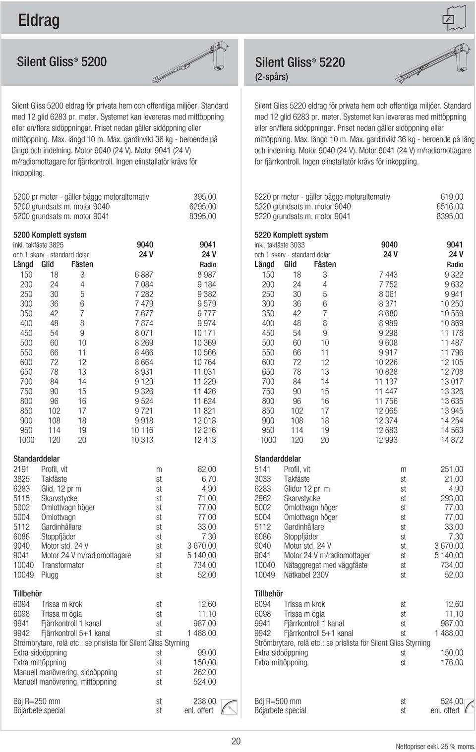 Motor 9040 (24 V). Motor 9041 (24 V) m/radiomottagare for fjärrkontroll. Ingen elinstallatör krävs för inkoppling. Silent Gliss 5220 eldrag för privata hem och offentliga miljöer.