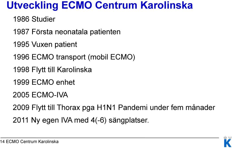 Karolinska 1999 ECMO enhet 2005 ECMO-IVA 2009 Flytt till Thorax pga H1N1