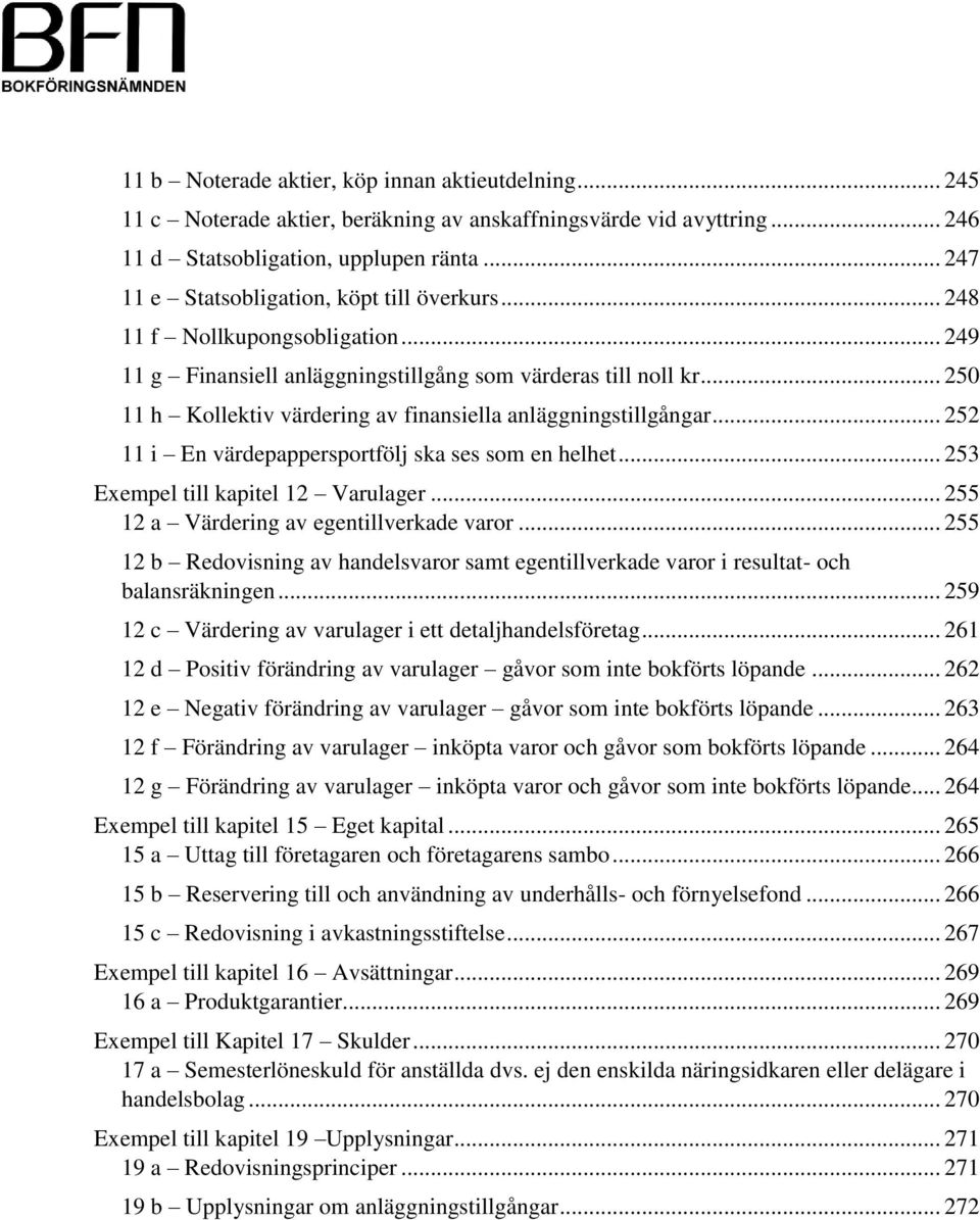 .. 250 11 h Kollektiv värdering av finansiella anläggningstillgångar... 252 11 i En värdepappersportfölj ska ses som en helhet... 253 Exempel till kapitel 12 Varulager.