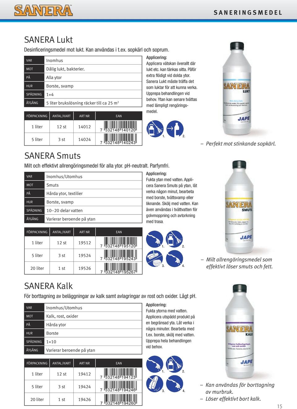 Alla ytor Borste, svamp ÅTGÅNG 5 liter brukslösning räcker till ca 25 m 2 1 liter 12 st 14012 5 liter 3 st 14024 Inomhus/Utomhus Smuts Hårda ytor, textilier Borste, svamp 10 20 delar vatten Varierar