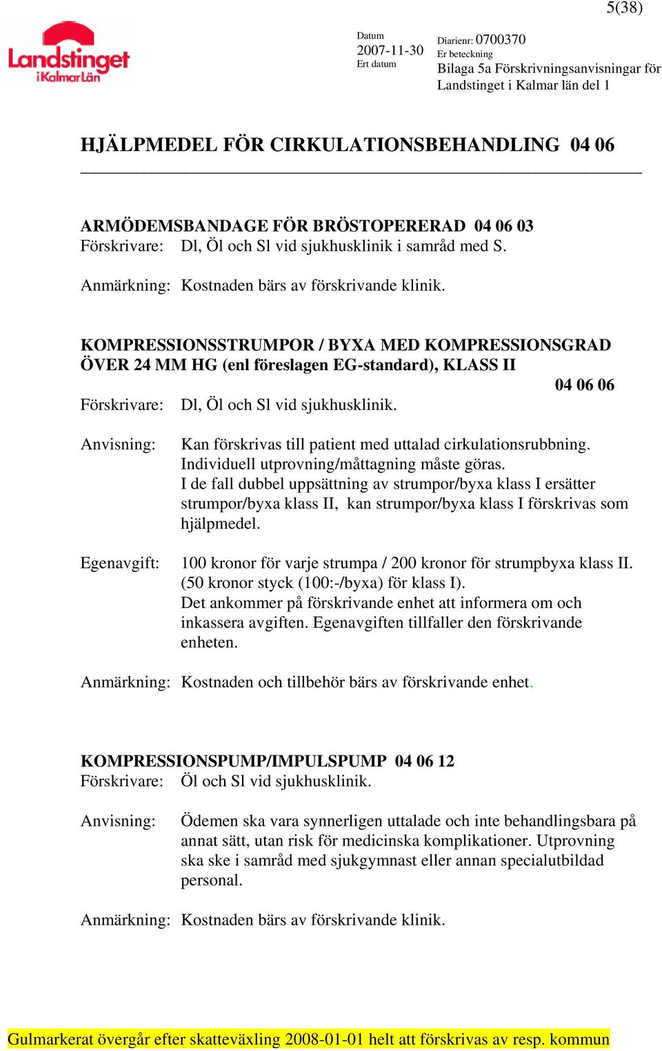 KOMPRESSIONSSTRUMPOR / BYXA MED KOMPRESSIONSGRAD ÖVER 24 MM HG (enl föreslagen EG-standard), KLASS II 04 06 06 Förskrivare: Dl, Öl och Sl vid sjukhusklinik.
