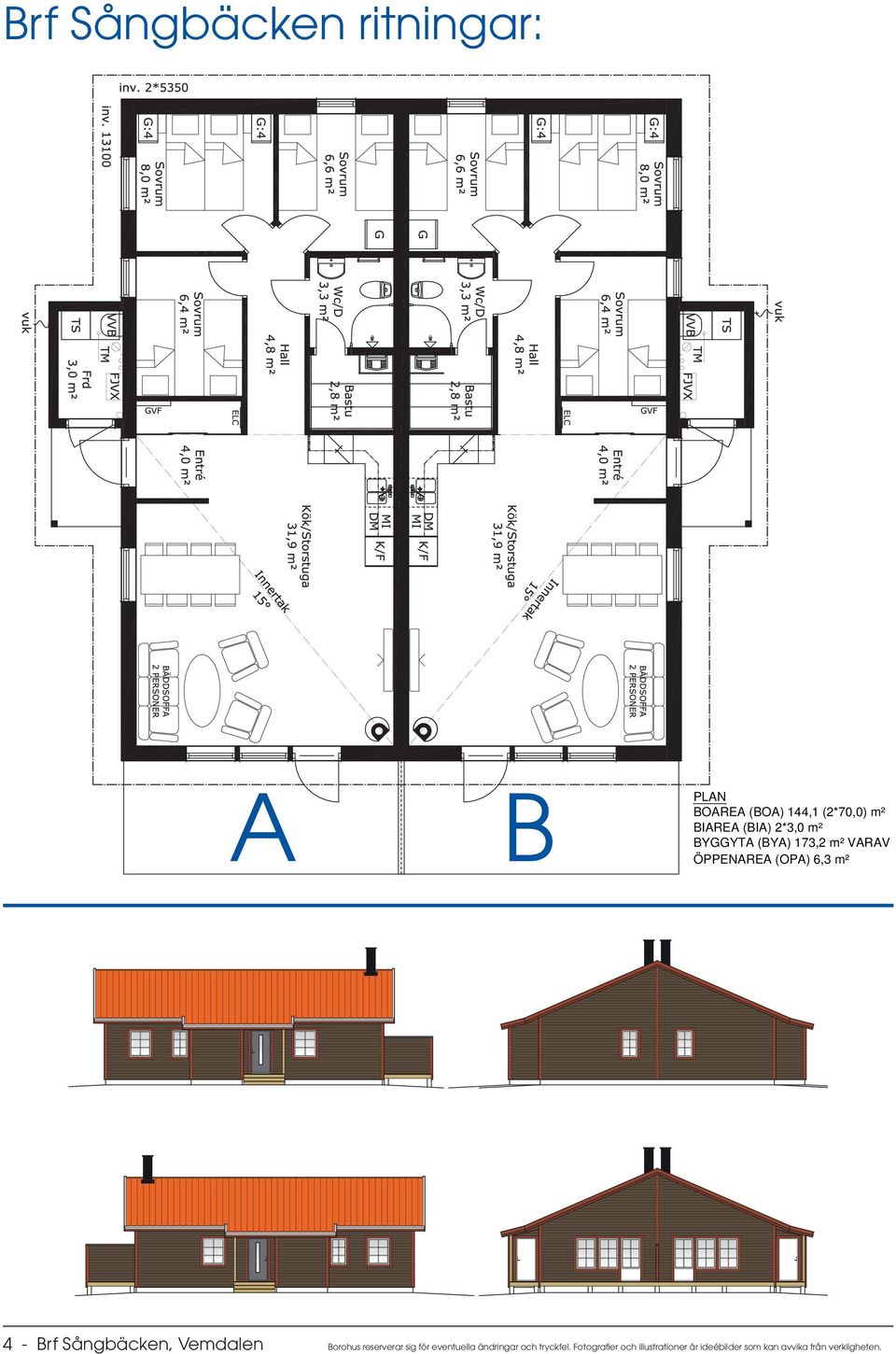 11x13 Ö x13 Ö TS teknik TM FRD 3,0 m² YD 10x21 YD 10x21 4200 vuk 2606 13706 A B PLAN BOAREA (BOA) 144,1 (2*70,0) m² BIAREA (BIA) 2*3,0 m² BYGGYTA (BYA) 173,2 m² VARAV ÖPPENAREA