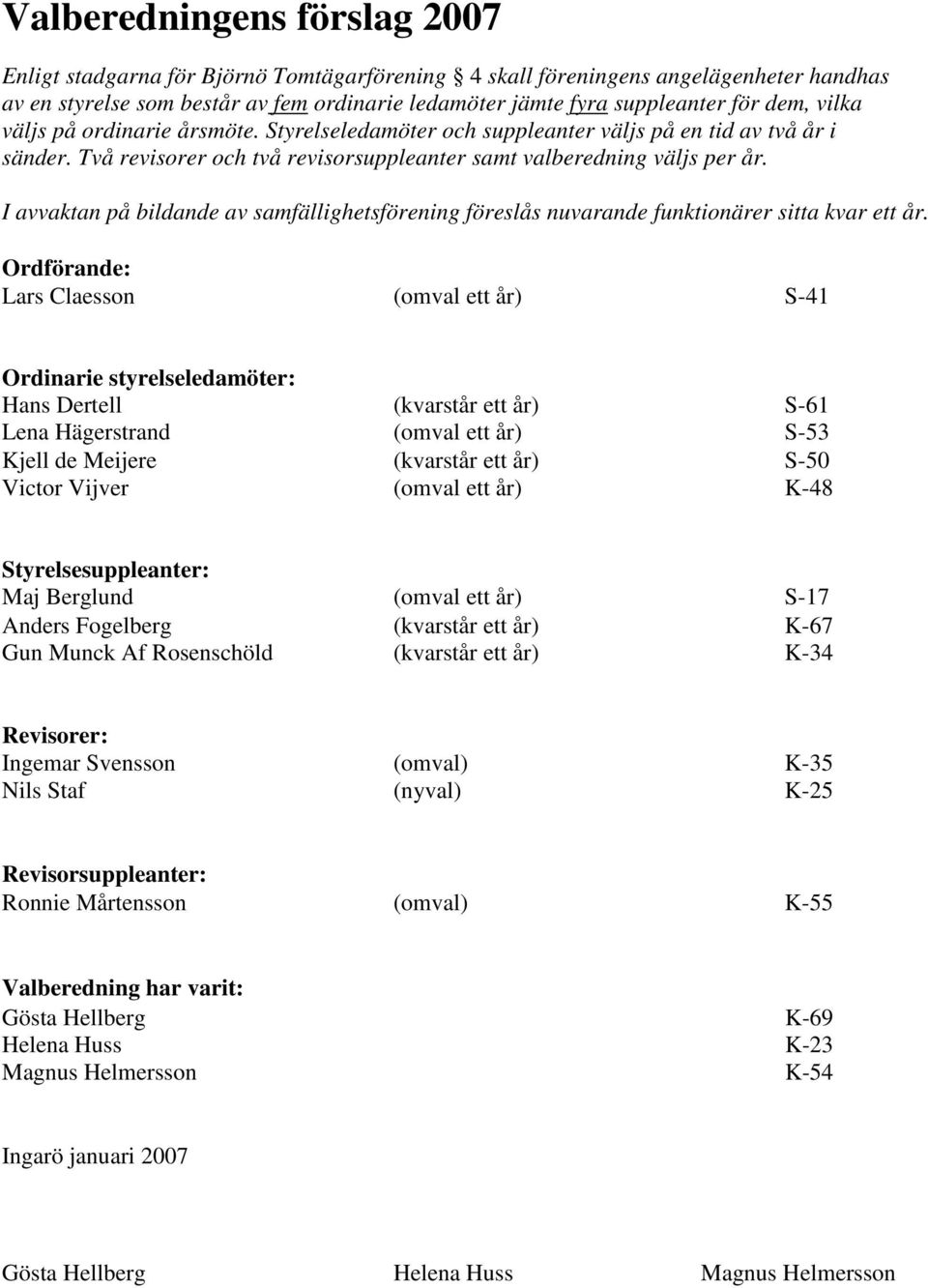 I avvaktan på bildande av samfällighetsförening föreslås nuvarande funktionärer sitta kvar ett år.