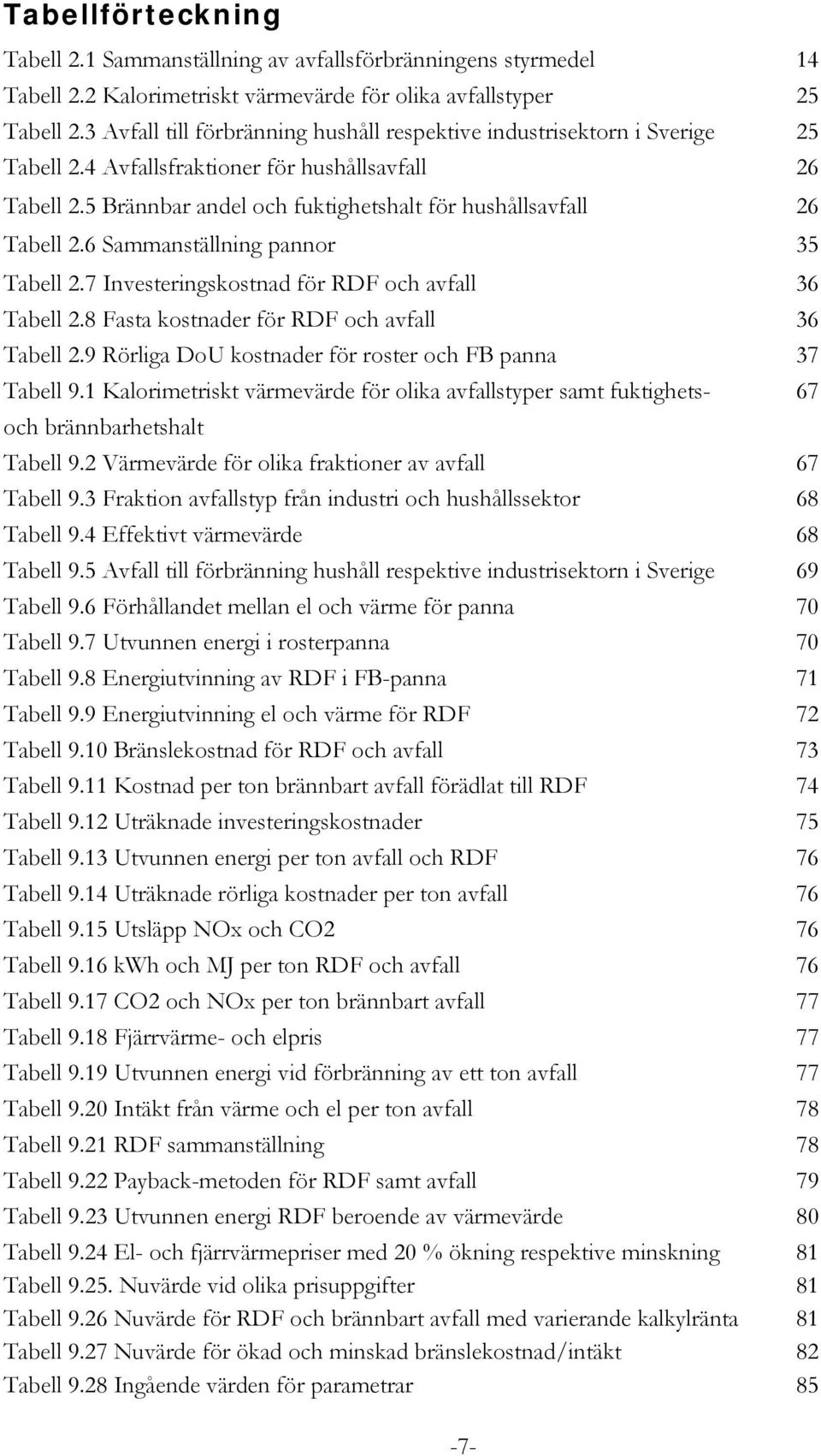 5 Brännbar andel och fuktighetshalt för hushållsavfall 26 Tabell 2.6 Sammanställning pannor 35 Tabell 2.7 Investeringskostnad för RDF och avfall 36 Tabell 2.