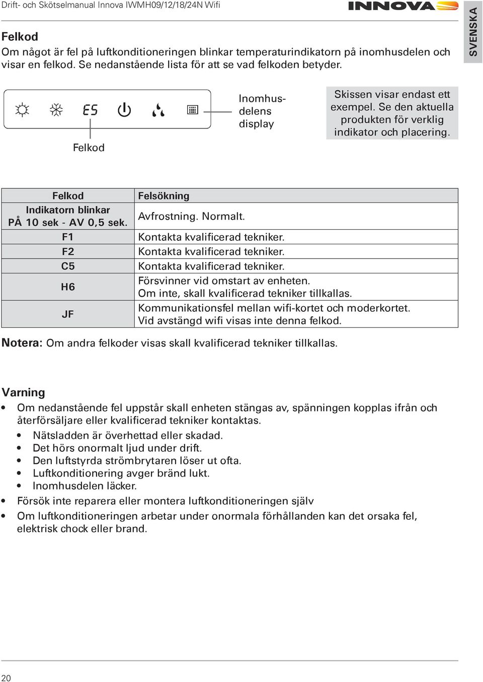 F1 F2 C5 H6 JF Felsökning Avfrostning. Normalt. Kontakta kvalificerad tekniker. Kontakta kvalificerad tekniker. Kontakta kvalificerad tekniker. Försvinner vid omstart av enheten.