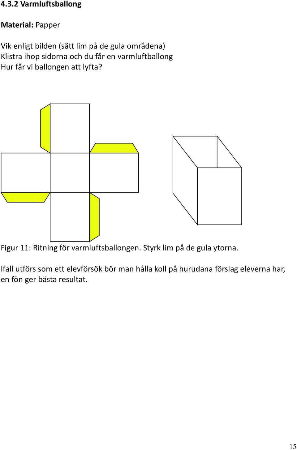 Figur 11: Ritning för varmluftsballongen. Styrk lim på de gula ytorna.