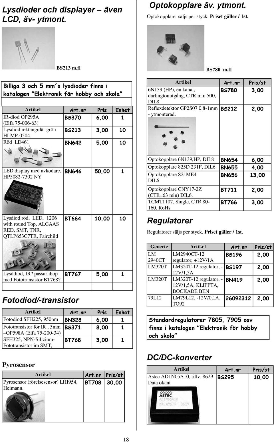 fl Artikel Art.nr Pris/st 6N139 (HP), en kanal, BS780 3,00 darlingtonutgång, CTR min 500, DIL8 Reflexdetektor GP2S07 0.8-1mm BS212 2,00 - ytmonterad.