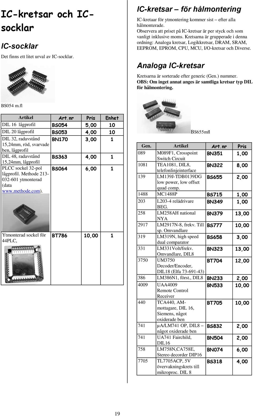 Kretsarna är grupperade i denna ordning: Analoga kretsar, Logikkretsar, DRAM, SRAM, EEPROM, EPROM, CPU, MCU, I/O-kretsar och Diverse. Analoga IC-kretsar Kretsarna är sorterade efter generic (Gen.