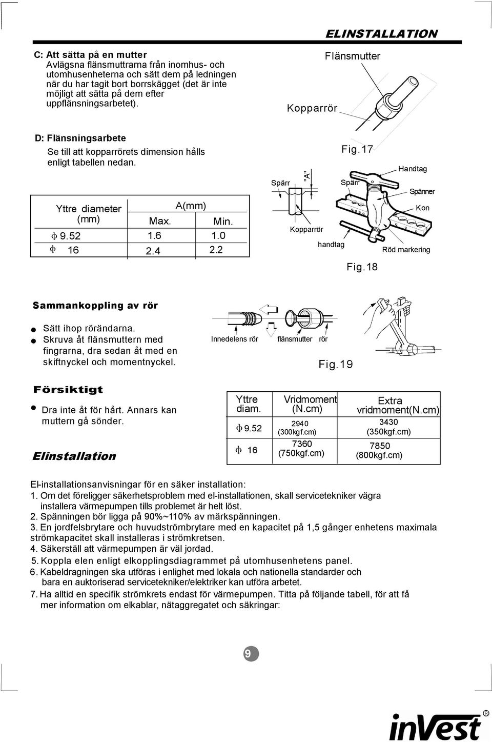 17 Spärr Spärr Kopparrör handtag Fig.18 Handtag Spänner Kon Röd markering Sammankoppling av rör Sätt ihop rörändarna.