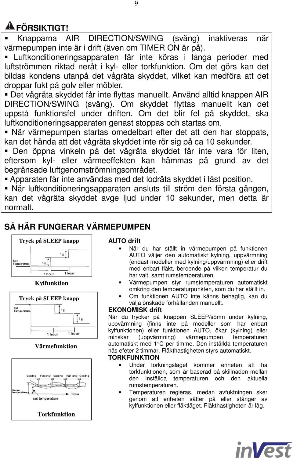 Om det görs kan det bildas kondens utanpå det vågräta skyddet, vilket kan medföra att det droppar fukt på golv eller möbler. Det vågräta skyddet får inte flyttas manuellt.