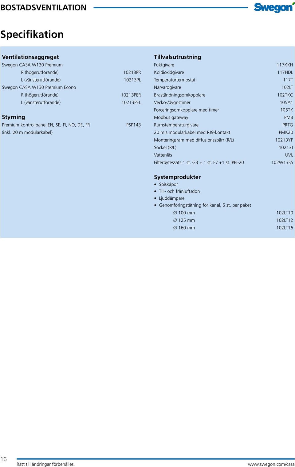 20 m modularkabel) 10213PR 10213PL 10213PER 10213PEL PSP143 Tillvalsutrustning Fuktgivare 117KKH Koldioxidgivare 117HDL Temperaturtermostat 117T Närvarogivare 102LT Braständningsomkopplare 102TKC