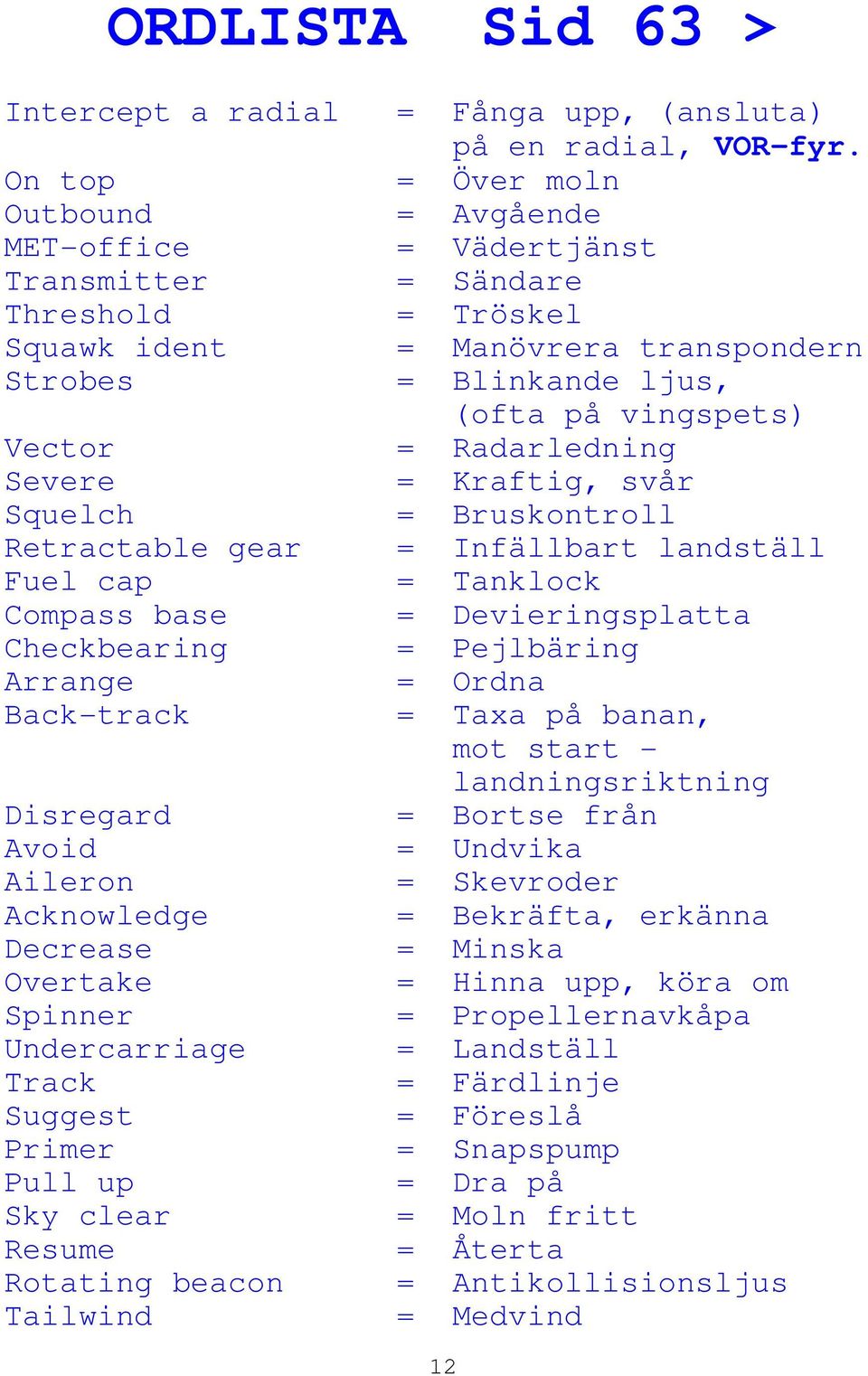 Radarledning Severe = Kraftig, svår Squelch = Bruskontroll Retractable gear = Infällbart landställ Fuel cap = Tanklock Compass base = Devieringsplatta Checkbearing = Pejlbäring Arrange = Ordna