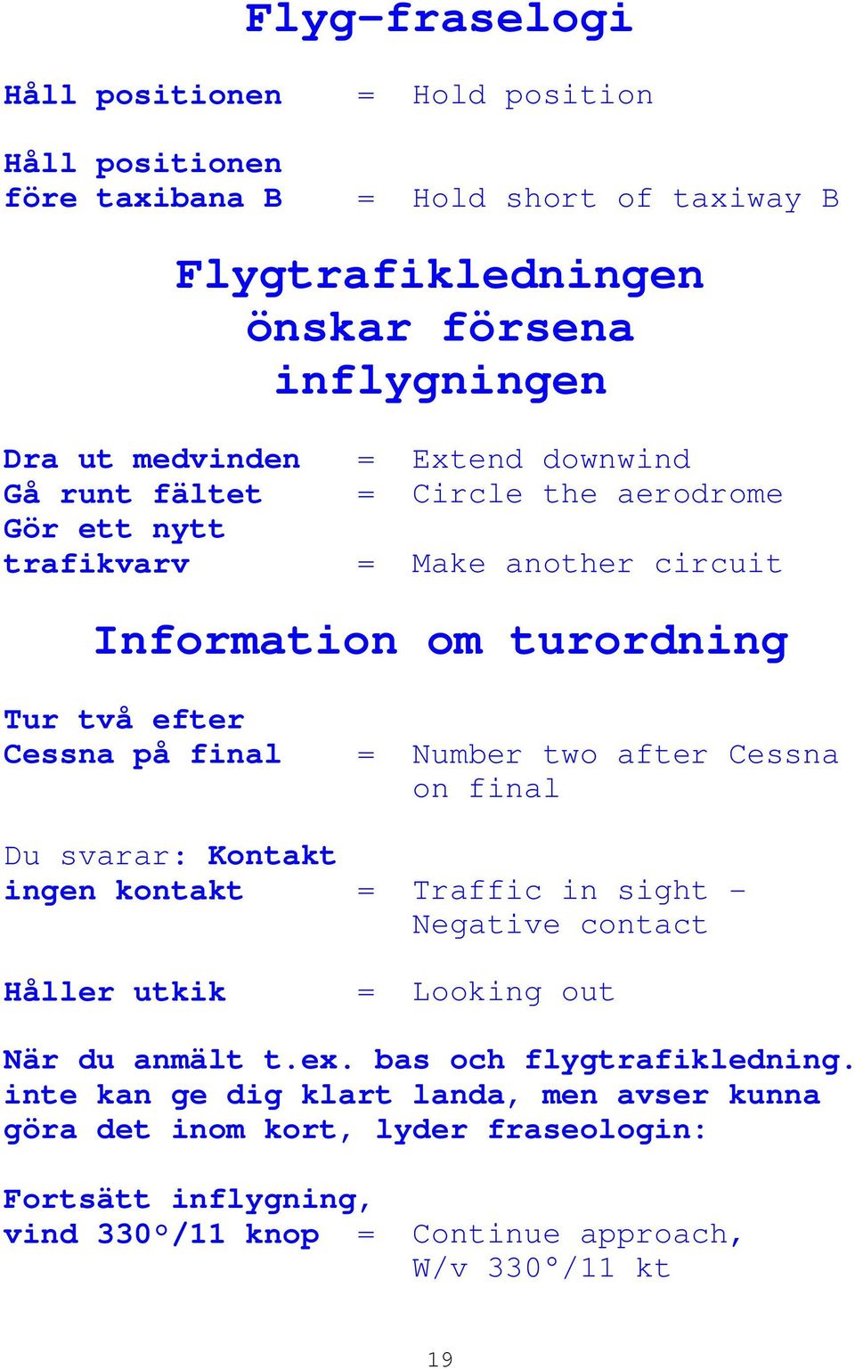 final = Number two after Cessna on final Du svarar: Kontakt ingen kontakt = Traffic in sight - Negative contact Håller utkik = Looking out När du anmält t.ex.