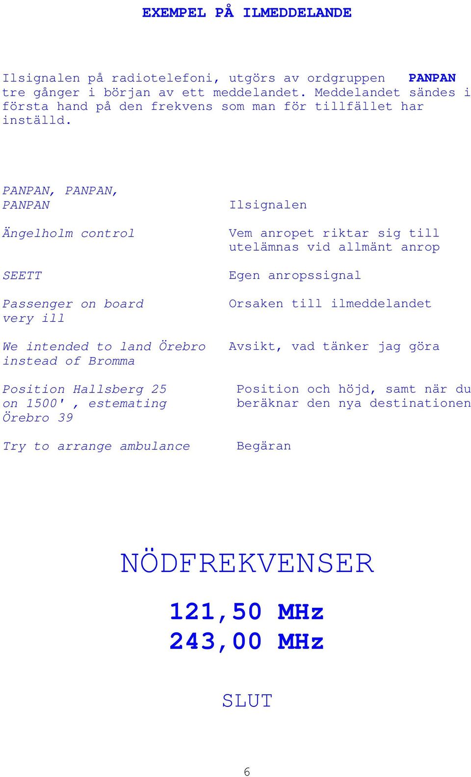 PANPAN, PANPAN, PANPAN Ängelholm control SEETT Passenger on board very ill Ilsignalen Vem anropet riktar sig till utelämnas vid allmänt anrop Egen anropssignal