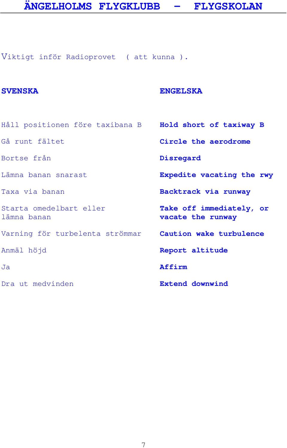 omedelbart eller lämna banan Varning för turbelenta strömmar Anmäl höjd Ja Dra ut medvinden Hold short of taxiway B Circle