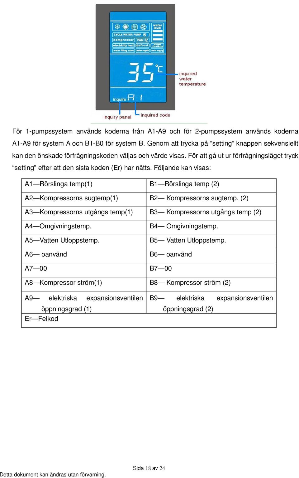 Följande kan visas: A1 Rörslinga temp(1) B1 Rörslinga temp (2) A2 Kompressorns sugtemp(1) B2 Kompressorns sugtemp.