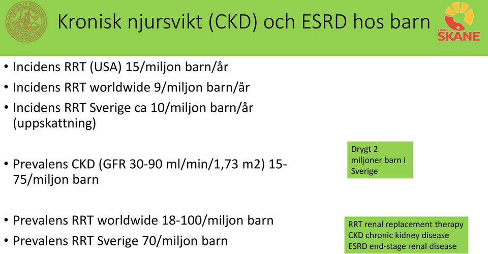 ml/min/1,73 m2) 15-75/miljon barn Drygt 2 miljoner barn i Sverige Prevalens RRT worldwide 18-100/miljon