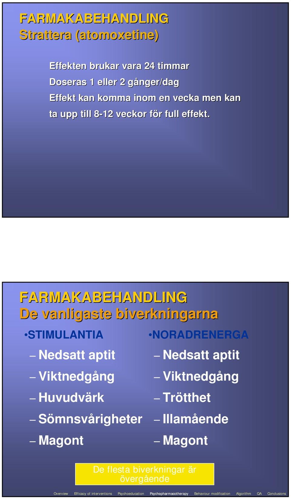 FARMAKABEHANDLING De vanligaste biverkningarna STIMULANTIA NORADRENERGA Nedsatt aptit Nedsatt aptit Viktnedgång Viktnedgång