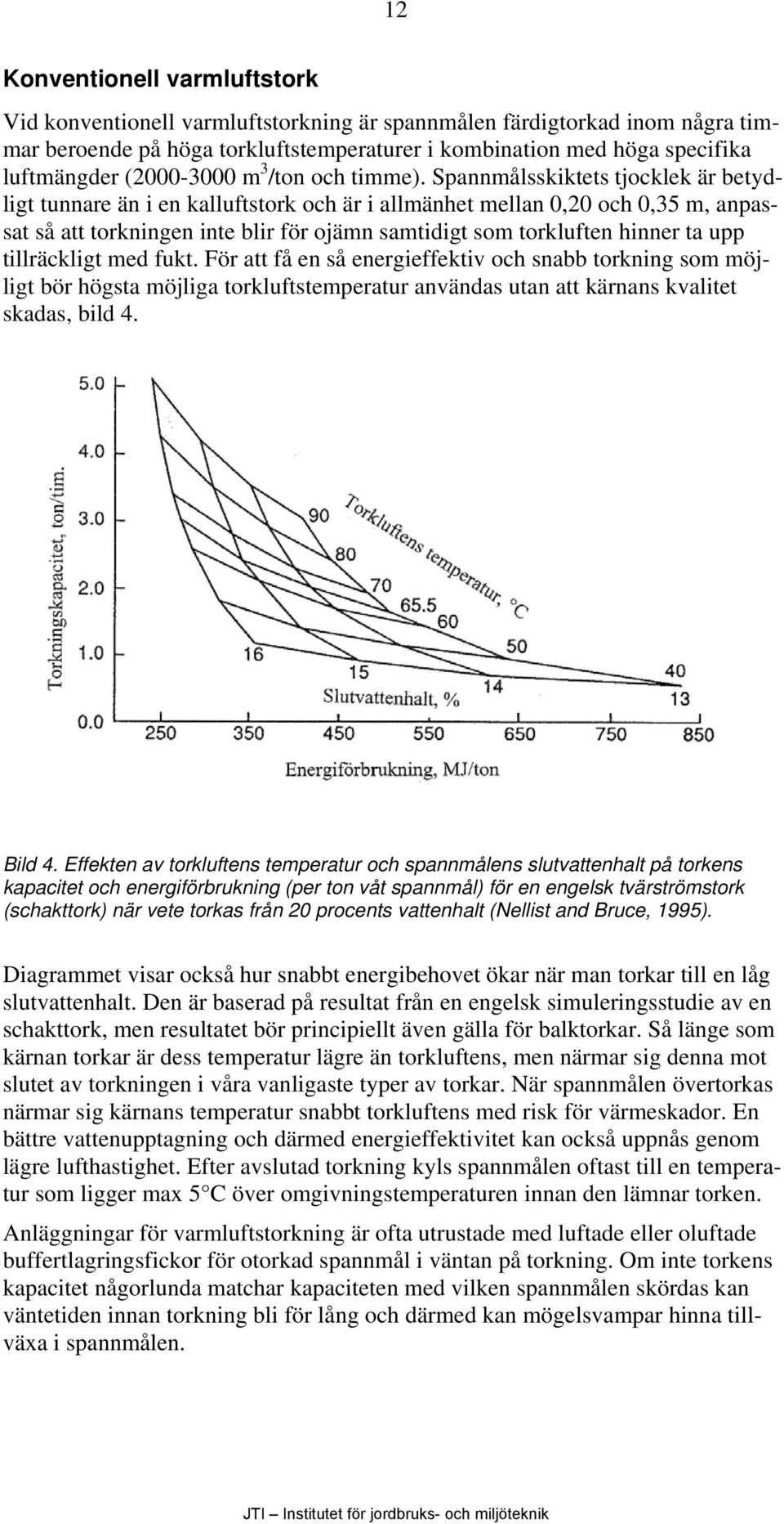 Spannmålsskiktets tjocklek är betydligt tunnare än i en kalluftstork och är i allmänhet mellan 0,20 och 0,35 m, anpassat så att torkningen inte blir för ojämn samtidigt som torkluften hinner ta upp