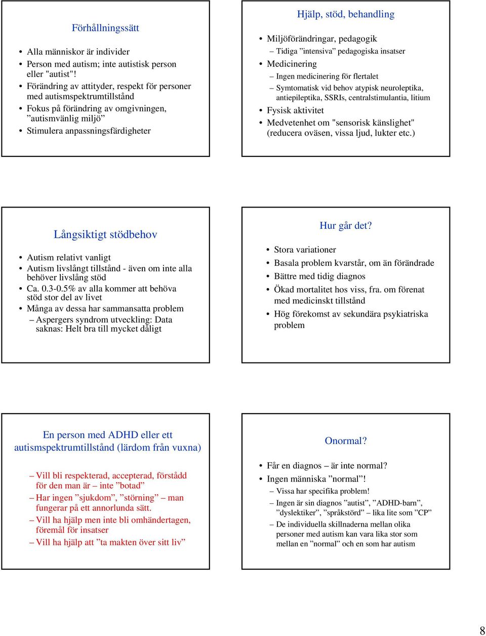 Miljöförändringar, pedagogik Tidiga intensiva pedagogiska insatser Medicinering Ingen medicinering för flertalet Symtomatisk vid behov atypisk neuroleptika, antiepileptika, SSRIs, centralstimulantia,