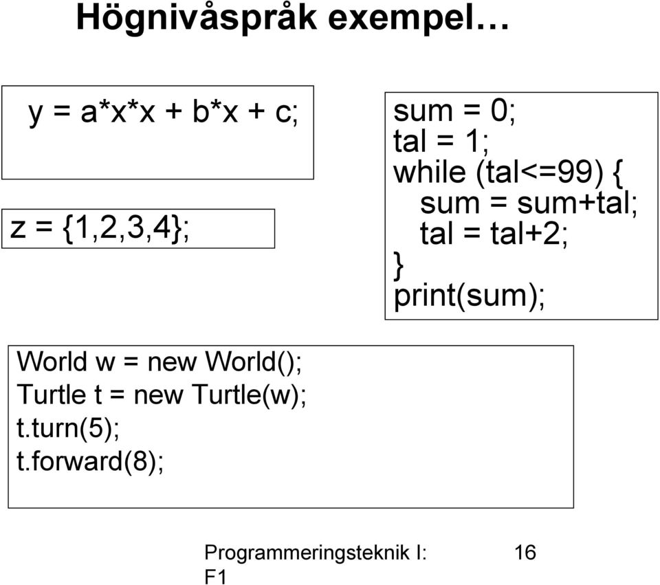 sum+tal; tal = tal+2; } print(sum); World w = new