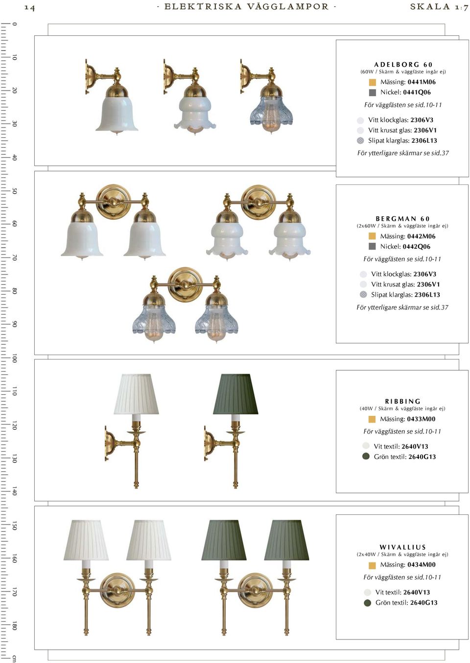 1-11 Vitt klockglas: 236V3 Vitt krusat glas: 236V1 Slipat klarglas: 236L13 BERGMAN 6 (2x6W / Skärm & väggfäste ingår ej) Mässing: 442M6 Nickel: 442Q6 För 1-11 Vitt