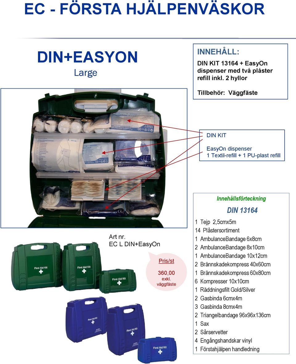 väggfäste Innehållsförteckning DIN 13164 1 Tejp,5cmx5m 14 Plåstersortiment 1 AmbulanceBandage 6x8cm AmbulanceBandage 8x10cm 1 AmbulanceBandage 10x1cm