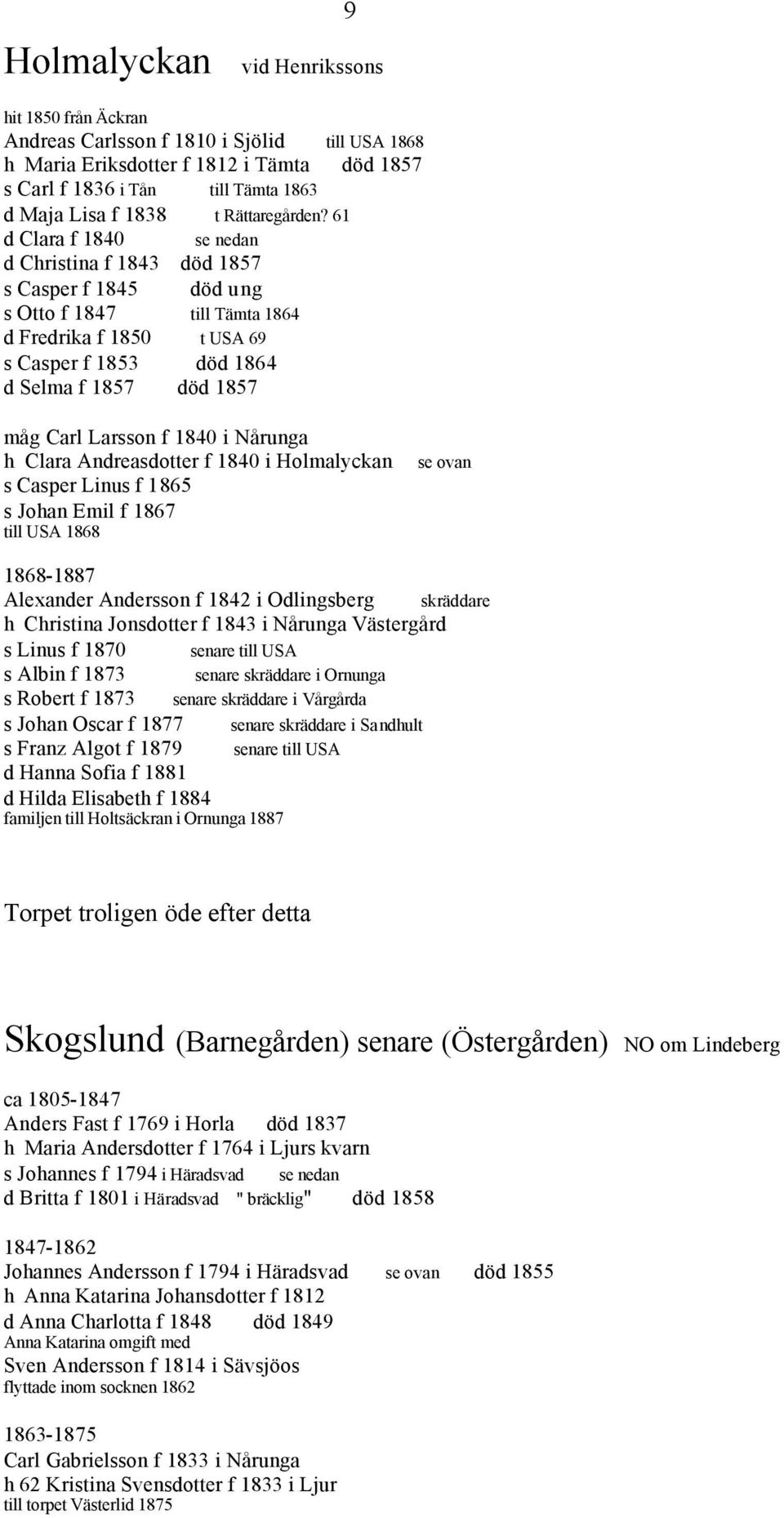 61 d Clara f 1840 se nedan d Christina f 1843 död 1857 s Casper f 1845 död ung s Otto f 1847 till Tämta 1864 d Fredrika f 1850 t USA 69 s Casper f 1853 död 1864 d Selma f 1857 död 1857 måg Carl