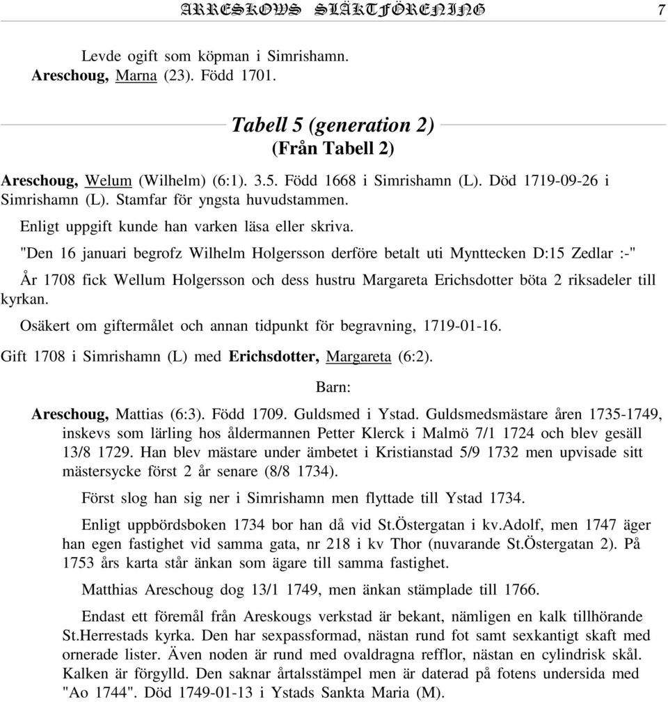 "Den 16 januari begrofz Wilhelm Holgersson derföre betalt uti Mynttecken D:15 Zedlar :-" År 1708 fick Wellum Holgersson och dess hustru Margareta Erichsdotter böta 2 riksadeler till kyrkan.