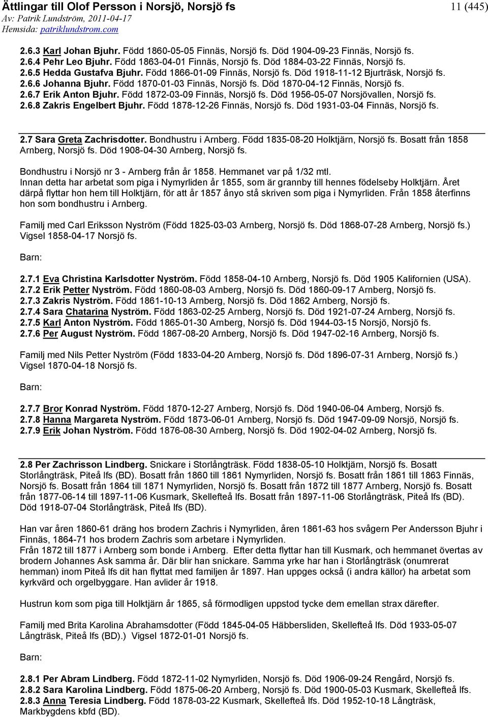 Född 1872-03-09 Finnäs, Norsjö fs. Död 1956-05-07 Norsjövallen, Norsjö fs. 2.6.8 Zakris Engelbert Bjuhr. Född 1878-12-26 Finnäs, Norsjö fs. Död 1931-03-04 Finnäs, Norsjö fs. 2.7 Sara Greta Zachrisdotter.