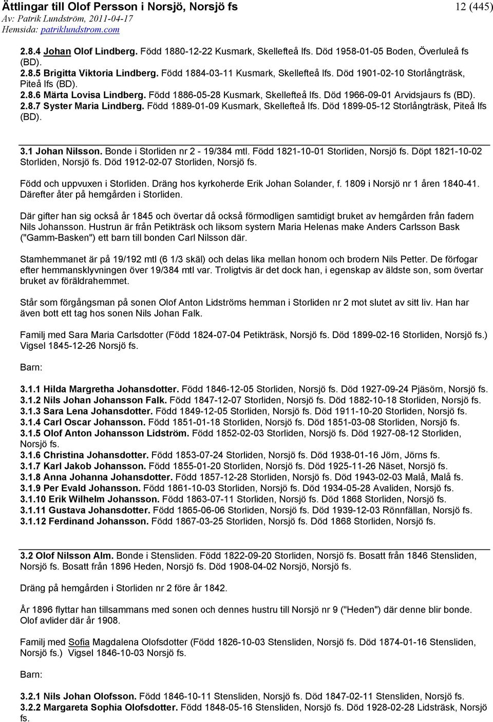 Född 1889-01-09 Kusmark, Skellefteå lfs. Död 1899-05-12 Storlångträsk, Piteå lfs (BD). 3.1 Johan Nilsson. Bonde i Storliden nr 2-19/384 mtl. Född 1821-10-01 Storliden, Norsjö fs.