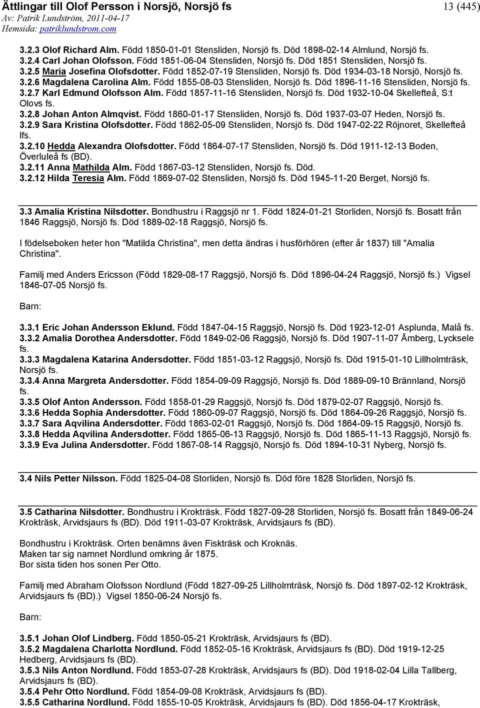 Född 1855-08-03 Stensliden, Norsjö fs. Död 1896-11-16 Stensliden, Norsjö fs. 3.2.7 Karl Edmund Olofsson Alm. Född 1857-11-16 Stensliden, Norsjö fs. Död 1932-10-04 Skellefteå, S:t Olovs fs. 3.2.8 Johan Anton Almqvist.