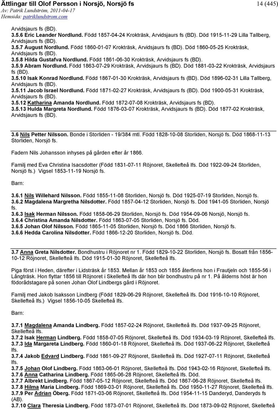 Född 1863-07-29 Krokträsk, Arvidsjaurs fs (BD). Död 1881-03-22 Krokträsk, Arvidsjaurs fs (BD). 3.5.10 Isak Konrad Nordlund. Född 1867-01-30 Krokträsk, Arvidsjaurs fs (BD).