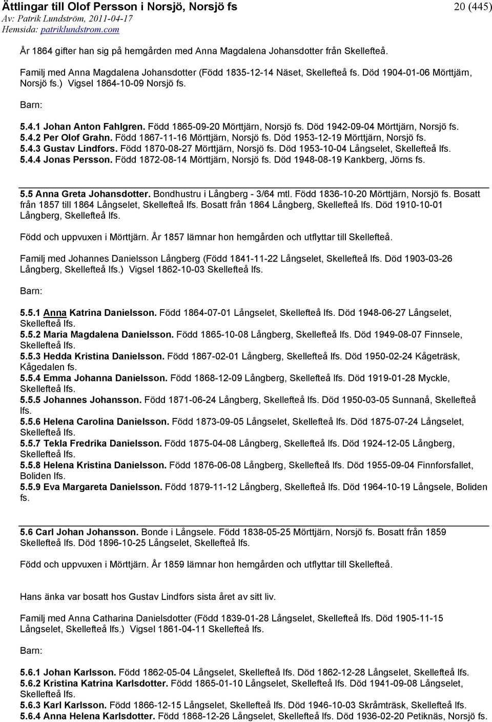 Född 1867-11-16 Mörttjärn, Norsjö fs. Död 1953-12-19 Mörttjärn, Norsjö fs. 5.4.3 Gustav Lindfors. Född 1870-08-27 Mörttjärn, Norsjö fs. Död 1953-10-04 Långselet, Skellefteå lfs. 5.4.4 Jonas Persson.