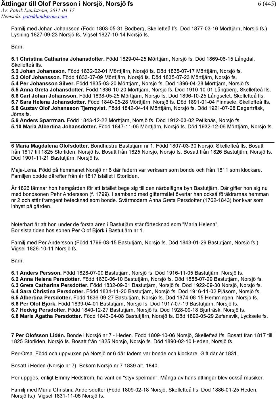 Död 1835-07-17 Mörttjärn, Norsjö fs. 5.3 Olof Johansson. Född 1833-07-09 Mörttjärn, Norsjö fs. Död 1835-07-23 Mörttjärn, Norsjö fs. 5.4 Per Johansson Silver. Född 1835-03-20 Mörttjärn, Norsjö fs.