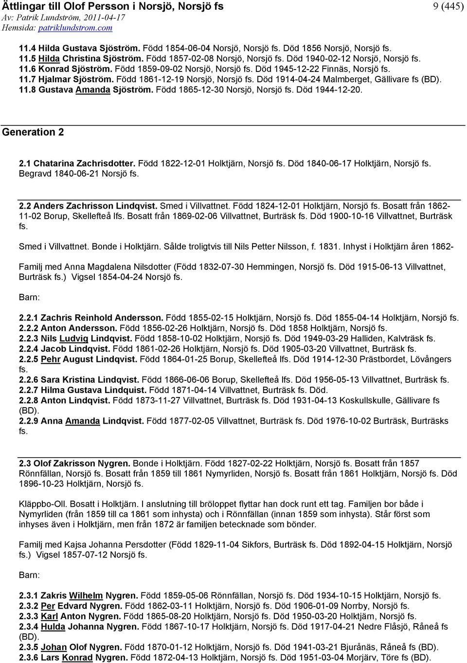 Född 1865-12-30 Norsjö, Norsjö fs. Död 1944-12-20. Generation 2 2.1 Chatarina Zachrisdotter. Född 1822-12-01 Holktjärn, Norsjö fs. Död 1840-06-17 Holktjärn, Norsjö fs. Begravd 1840-06-21 Norsjö fs. 2.2 Anders Zachrisson Lindqvist.