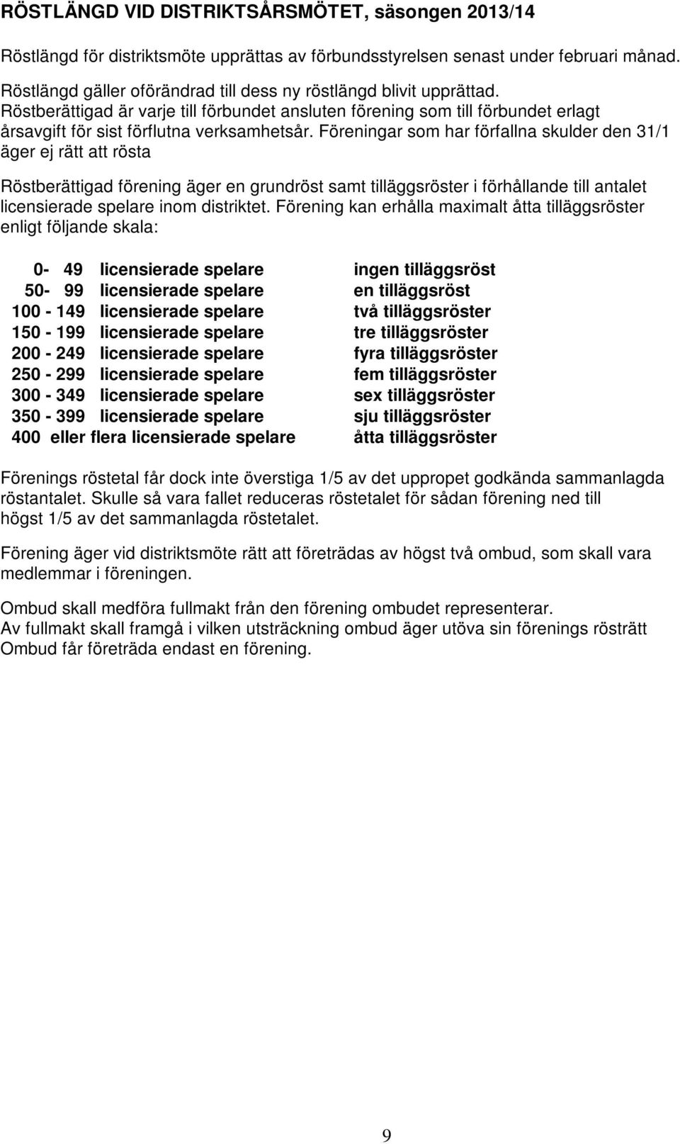 Föreningar som har förfallna skulder den 31/1 äger ej rätt att rösta Röstberättigad förening äger en grundröst samt tilläggsröster i förhållande till antalet licensierade spelare inom distriktet.