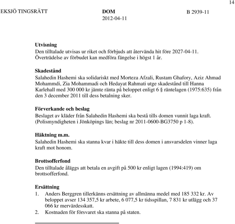 på beloppet enligt 6 räntelagen (1975:635) från den 3 december 2011 till dess betalning sker. Förverkande och beslag Beslaget av kläder från Salahedin Hashemi ska bestå tills domen vunnit laga kraft.