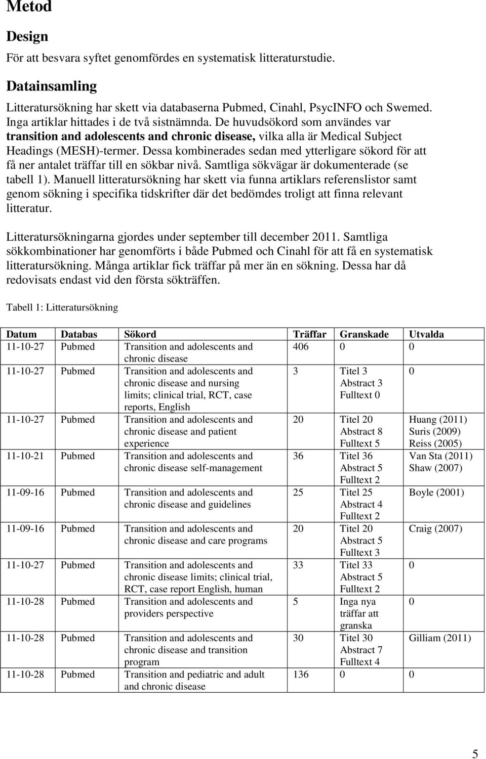 Dessa kombinerades sedan med ytterligare sökord för att få ner antalet träffar till en sökbar nivå. Samtliga sökvägar är dokumenterade (se tabell 1).