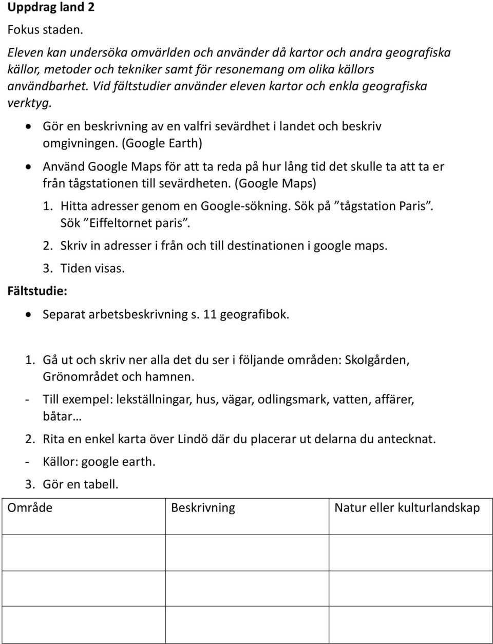 (Google Earth) Använd Google Maps för att ta reda på hur lång tid det skulle ta att ta er från tågstationen till sevärdheten. (Google Maps) Fältstudie: 1. Hitta adresser genom en Google-sökning.