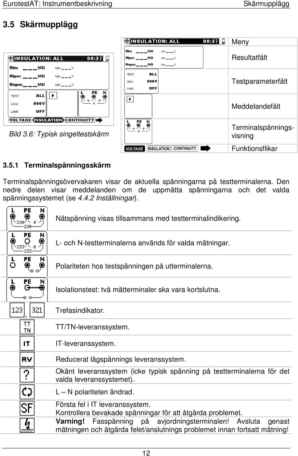 L- och N-testterminalerna används för valda mätningar. Polariteten hos testspänningen på utterminalerna. Isolationstest: två mätterminaler ska vara kortslutna., Trefasindikator. TT/TN-leveranssystem.